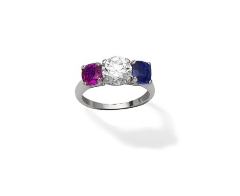 DIAMOND, SAPPHIRE AND RUBY THREE-STONE RINGThe brilliant-cut diamond, between a cushion-shaped sapphire and ruby,  diamond ap