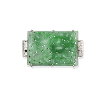 JADE AND DIAMOND BROOCHThe carved openwork plaque with foliate motifs, between single-cut diamond shoulders,   length 4.5cmFo