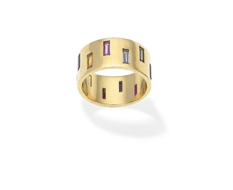 HATTIE RICKARDS: GEM-SET 'TUBE' RING, 2012Set with step-cut gemstones, including rubies, sapphires, garnets, topaz and amethy