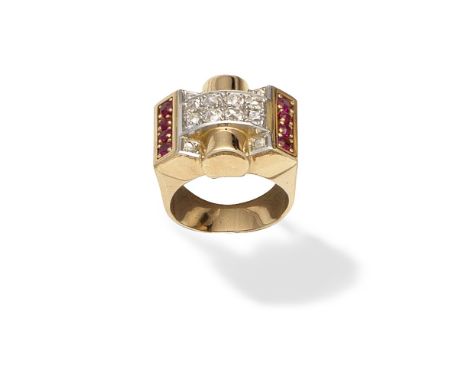 SYNTHETIC RUBY AND DIAMOND-SET DRESS RING, CIRCA 1940Of odeonesque design, set with cushion-shaped and rose-cut diamonds and 