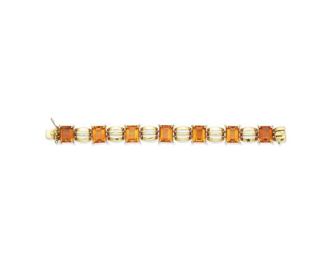 CHARLES DE TEMPLE: CITRINE BRACELET, 1978The step-cut citrines alternating with openwork hemispherical links, mounted in 18 c