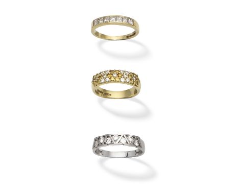 THREE DIAMOND RINGS1st: Pavé-set with brilliant-cut diamonds and similarly-cut diamonds of yellow tint, 2nd: Set with princes