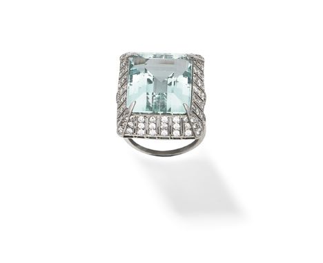 AQUAMARINE AND DIAMOND RINGThe step-cut aquamarine within a pierced surround set with brilliant-cut diamonds, to similarly-se