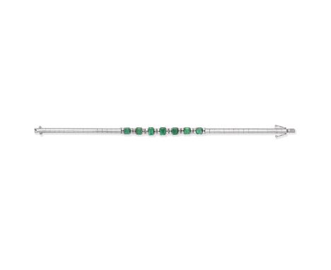 EMERALD AND DIAMOND-SET BRACELETSet with graduated step-cut emeralds and single-cut diamonds,  length 7.6cmThis lot is subjec