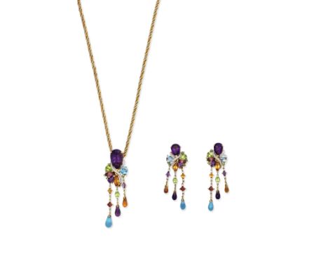 BELLARRI: MULTI GEM-SET AND DIAMOND PENDANT/BROOCH AND EARRINGS SUITEThe pear-shaped amethyst suspending a cluster and tassel