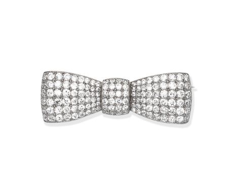 DIAMOND BOW BROOCH, CIRCA 1920Set throughout with old brilliant-cut diamonds,  diamonds approx. 6.70cts total, maker's mark, 