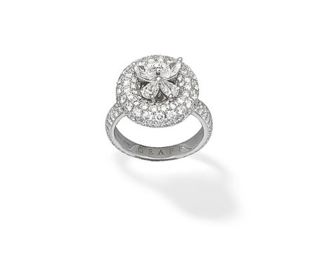 GRAFF: DIAMOND 'HALO' RINGSet with marquise-cut and pear-shaped diamonds, within a pavé-set brilliant-cut diamond surround, a