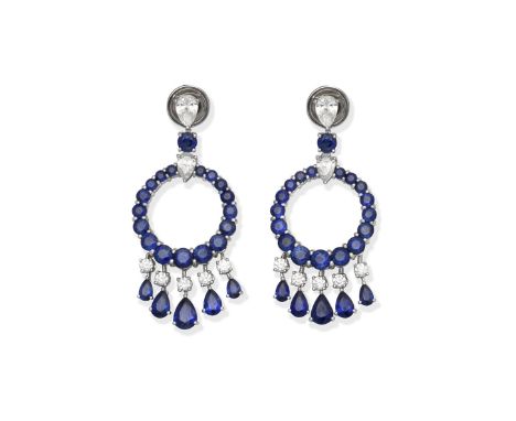 GRAFF: SAPPHIRE AND DIAMOND 'GYPSY' EARRINGSEach pear-shaped diamond and circular-cut sapphire, suspending a circular-cut sap