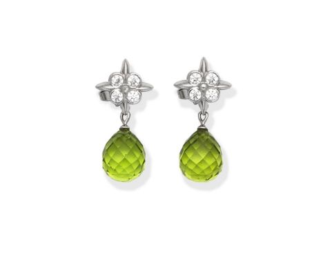 TIFFANY: PERIDOT AND DIAMOND EARRINGSEach brilliant-cut diamond surmount, suspending a briolette-cut peridot drop, signed Tif