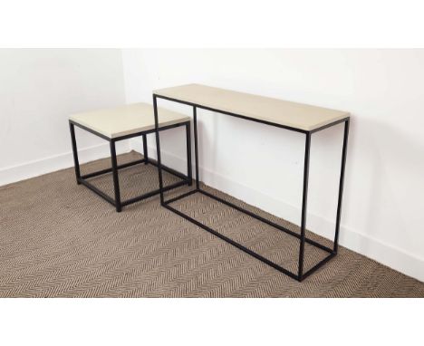 CONSOLE AND SIDE TABLE, steel frame design, 120cm x 35cm x 25cm at largest. (2) 