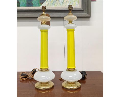CENEDESE MURANO GLASS TABLE LAMPS, a pair, vintage opaline yellow glass, 56cm H approx. (2) 