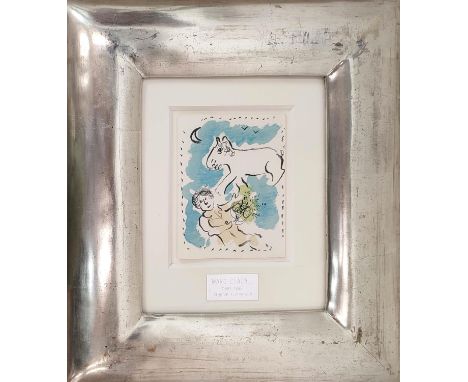 MARC CHAGALL, 'Artist and Goat' lithograph, 14cm x 11cm, framed. 