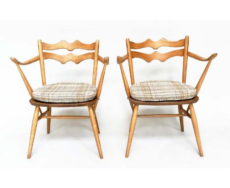 ERCOL ARMCHAIRS, a pair, 1970s beechwood and elm (retaining original cushions), 60cm W. (2) 