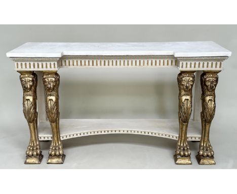 CONSOLE TABLE, Regency style grey painted and parcel gilt with indented carrara marble supported by four carved giltwood lion
