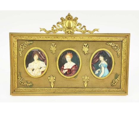 ITALIAN PORTRAIT MINIATURES, a set of three, framed together, signed 'Paisiello', ormalu gilt framed, overall 27cm x 39cm. 
