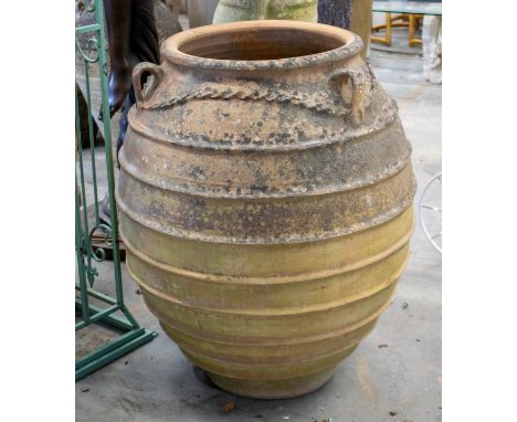 GARDEN/OLIVE JAR AMPHORA, large vintage well weathered terracotta with handles, swags and ridges, 87cm H. 
