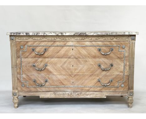 COMMODE, French Louis XVI style, Kingwood and silvered metal mounted with three long drawers and Brèche violet marble top, 15