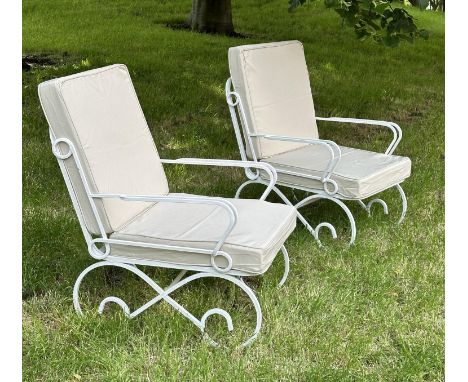 GARDEN TERRACE ARMCHAIRS, a pair, vintage white painted box section metal with cushions on scroll supports, 60cm W. (2) 