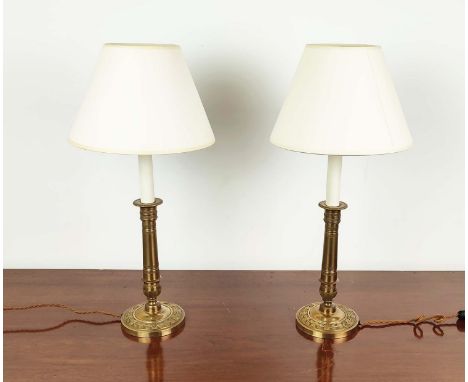 TABLE LAMPS, a pair, attributed to Vaughan, brass candlestick style, each 55cm H including shades. (2) 