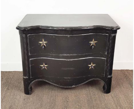 GRANGE COMMODE, of serpentine form with two drawers with star detail handles, ebonised with distressed and antiqued finish, 8