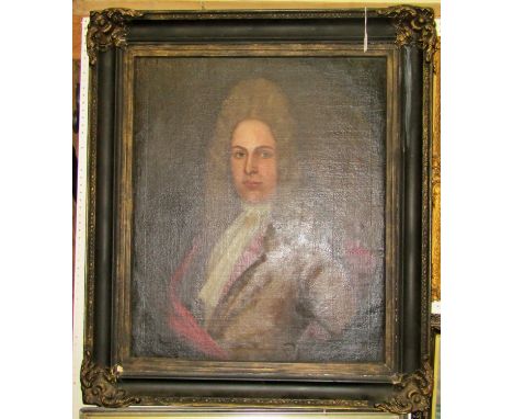 19th century English school, half length portrait of a gentleman in grey wig with a mustard coloured tunic, in the 18th centu