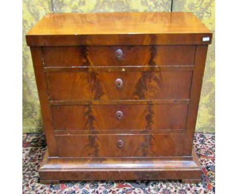 A mid 19th century continental mahogany commode of four long drawers set on a plinth base, 84 cm wide 