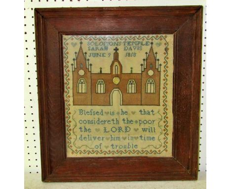 A George III English cross stitch embroidered sampler decorated with a church facade and scripted Solomon's Temple, Sarah Dav