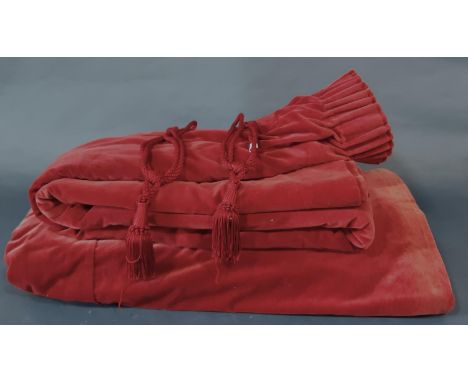 One pair vintage curtains in ruby red cotton velvet made by 'Lanfine', lined with pencil pleat heading. Length 2.3m, width pe