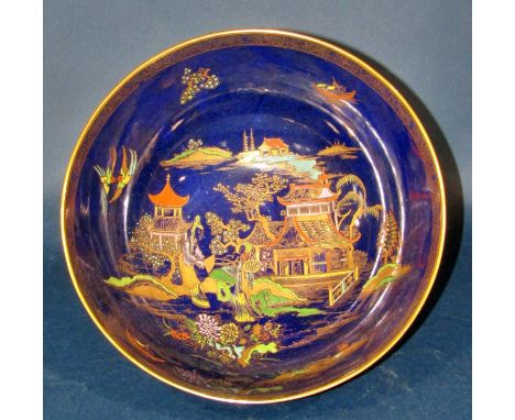Two Carltonware blue ground porcelain bowls, decorated with pagoda landscapes, 10 cm high, 14 cm diameter max (2) 