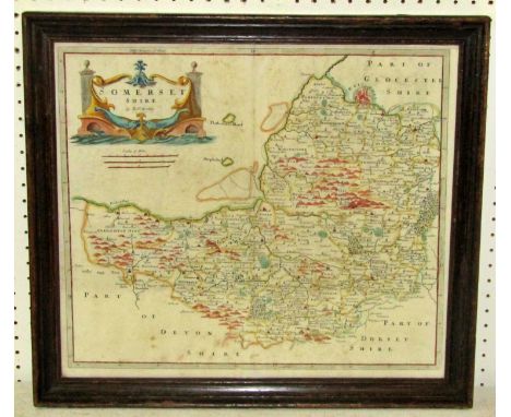 A hand coloured map of Somerset by Robert Morden 38 x 43 cm, framed and glazed, together with a 19th century sketch detailing