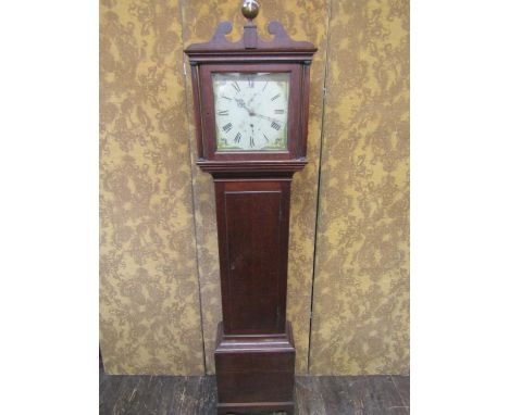 A Georgian oak country made longcase clock with column supports, enclosing a square cut painted dial with subsidiary calendar