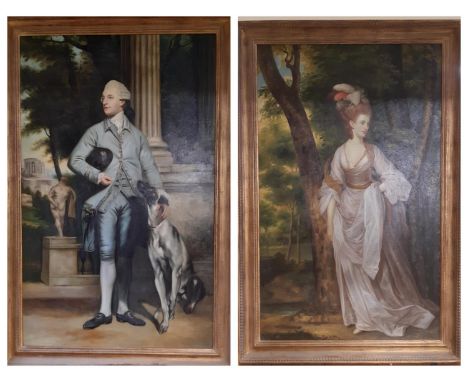 A large pair of full length portrait prints, figures in 18th century dress, in gilt frames, 120 x 74cm 