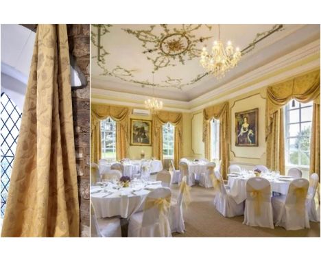 4 pairs good quality extra long country house curtains in gold patterned fabric, each pair with elaborate swags and central t