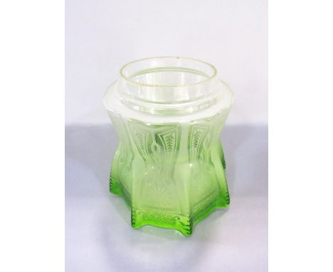 A late 19th century oil lamp shade in green/clear glass 