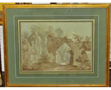 Three 19th Century paintings and prints of ruins, to include: Study of two figures standing below the ruins of a cathedral ar