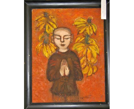 Nguyên Van Cuòng ( Vietnamese, b. 1976) half length portrait of a figure in mediative pose holding hands together, signed and