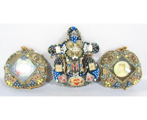Two First World War handmade bead work Forget-Me-Not pin cushion with King George V and Queen Mary and a Royal Navy Anchor sh