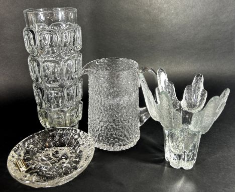 A mixed lot of 20th century glass and ceramics including a frosted glass cactus vase, a water jug, a vase, a Derby Bourne vas