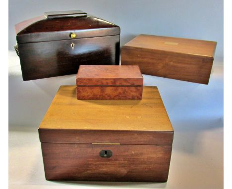 A 19th century sarcophagus tea caddy with ring handles, a 19th century mahogany writing slope, a burr walnut cigarette case a