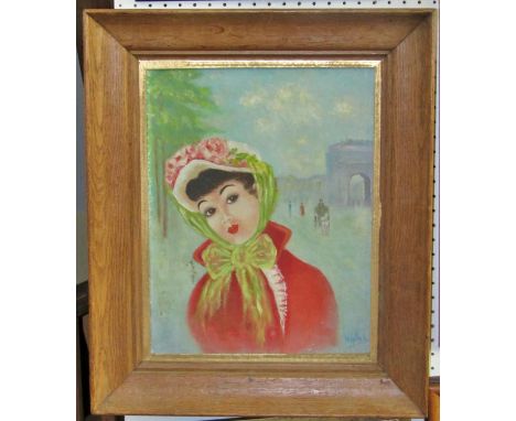 A 20th century stylised continental portrait of a lady in red coat and floral bonnet, signed lower right, oil on canvas (af),