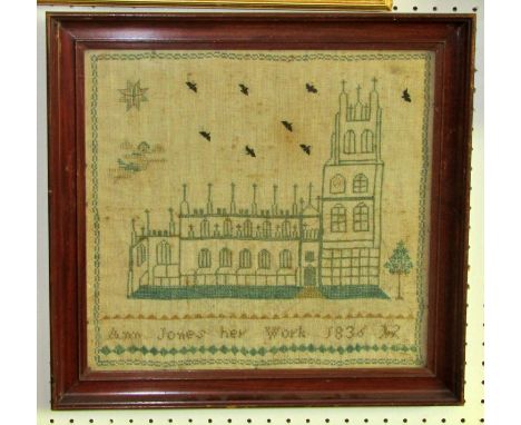 A William IV English cross stitch embroidered sampler detailing a cathedral and scripted panel Ann Jones, 'her work, 1836', 3