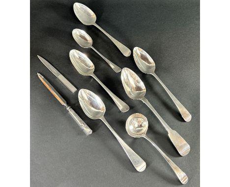 A selection of five 19th century silver serving spoons including a William Cummins Dublin 1828, single dessert spoon, sauce l