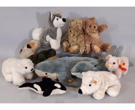 Eight vintage Steiff animal toys, all with pin in ear including Orca Killer Whale 063312, Scotty Husky 079610, Polar Bear 113