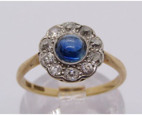 Art Deco 18ct cabochon sapphire and old-cut diamond cluster ring with platinum setting, size L/M, 2.6g 