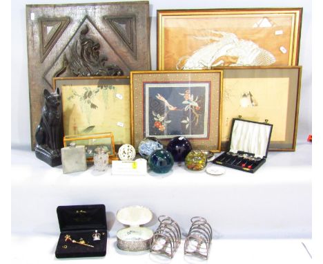 Miscellaneous basket of items to include a fabric picture of a dragon, two Japanese woodblock prints, glass paperweights, a t