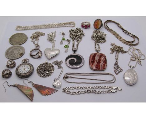 Collection of silver jewellery including a pendant in the form of a coiled snake, London 1983, a decorative fob watch, a hear