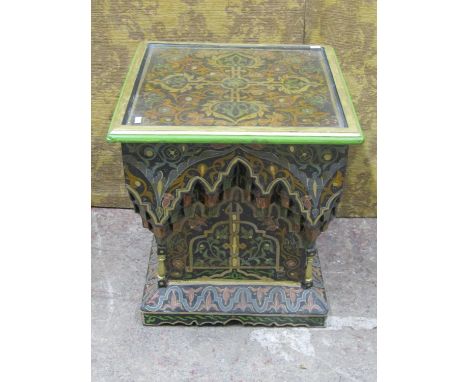 A decorative painted and carved Moroccan / Marrakesh table, 58cm high, 53 x 53cm 