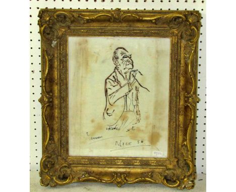 A gilt-framed 20th century sketch of a gentleman on silk, signed ‘Augham’ and ‘Nice’, dated ‘56’, 30 x 23cm 