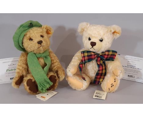 2 Steiff teddy bears- 'Ludwig the Steiff Musical Bear' no 613 with wind up musical mechanism, and Patrick no 21 wearing green