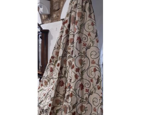 One pair curtains and one single curtain in heavyweight woven fabric on neutral ground, patterned with a crewelwork effect., 